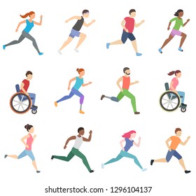 People run and ride in wheelchair. Disabled people moving forward. Man and woman with prosthetic legs. Isolated vector illustration