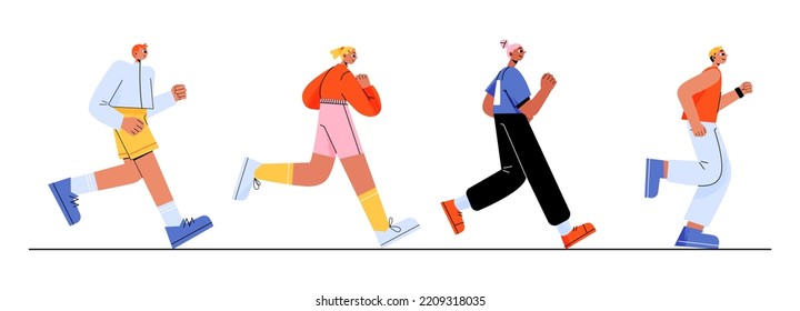 People run in row, marathon jogging, sports exercising or competition concept with young male and female athlete characters in sportswear, healthy lifestyle, activity Line art flat Vector Illustration