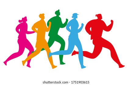 People run. Running man and woman. Vector silhouette illustration. Marathon race. Flat cartoon characters isolated on white background. 