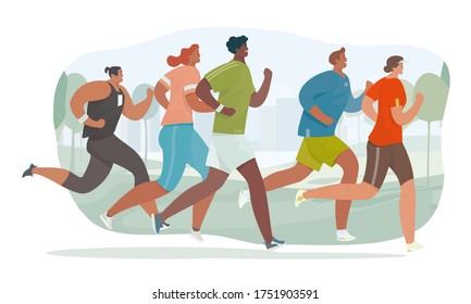 People run. Running men and women in morning park. Marathon race.  Flat cartoon characters. Vector illustration.