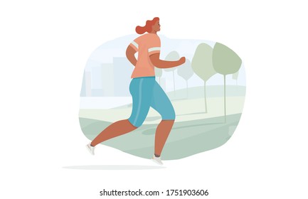 People run. Running woman in morning park. Marathon race. Flat cartoon character. Vector illustration.