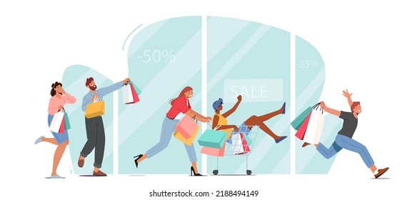 People Run for Sale and Shopping Isolated on White Background. Excited Male and Female Characters Hurry to Buy Things, Purchase in Store, Riding Trolley in Supermarket. Cartoon Vector Illustration