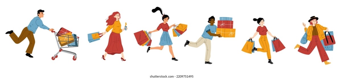 People run to sale in store, mall or market. Diverse excited men and women with shopping bags, cart and boxes rush to buy with discount, vector hand drawn illustration