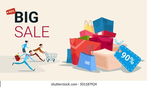 People Run With Shopping Cart Bag Present Box Black Friday Big Sale Banner Vector Illustration