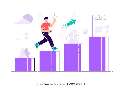 People run to their goal on the column of columns vector illustration. Move up motivation. The path to the target's achievement. Flat style vector for web page, social media, documents, cards, posters
