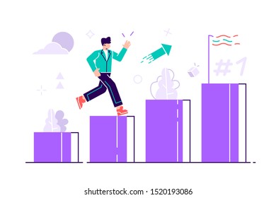 People run to their goal on the column of columns vector illustration. Move up motivation. The path to the target's achievement. Flat style vector for web page, social media, documents, cards, posters