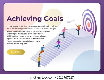 People run to their goal up the stairs. Vector illustration in flat 3d style. Competition and Achieving Success at Work. Move up Motivation, the Path to the Target's Achievement. Template for website