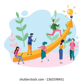 People Run To Their Goal,  The Way To Achieve The Goal, Move Up Motivation, Success, Investments And Investing In Ideas, Vector Illustration, Competition And Achieving Success At Work