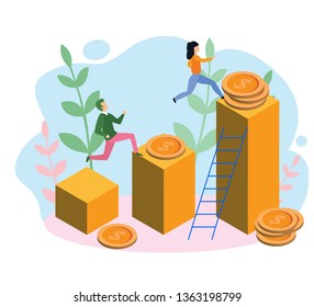 People run to their goal,  the way to achieve the goal, move up motivation, success, investments and investing money , Vector illustration, Competition and Achieving Success at Work