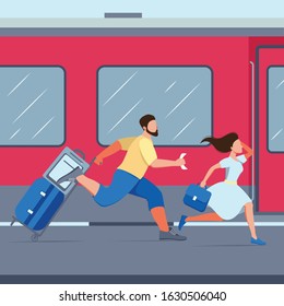 People run to the train illustration. People are in a hurry. Man and woman are afraid to be late for the train. People are in a hurry to rest. People at the train station. 