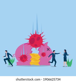 La gente corre mientras los virus rompen la metáfora de la crisis financiera que se cierne sobre el banco. Ilustración de concepto de vector plano empresarial.