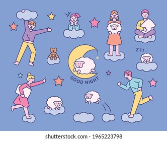 People running above the clouds in their dreams. flat design style minimal vector illustration.