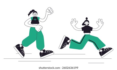 People running. Active young women. Sports activity. Cartoon isolated vector illustration.