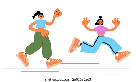 People running. Active young women. Sports activity. Cartoon isolated vector illustration.