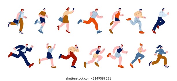 People running. Activity group run, business person rush to success. Isolated young runners and excited man and woman. Flat kicky athletes vector kit