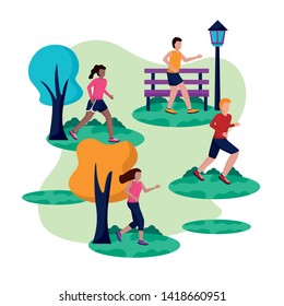 people running activity in the park grass tree bench vector illustration