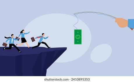 People running after dangling dollar 2d flat vector illustration