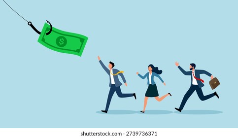 People running after a dollar placed on a hook, trap to attract and catch inexperienced workers, trusting quick money concept vector illustration