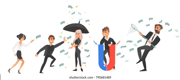 People running after flying banknotes, holding money attracting magnet, standing under dollar rain with umbrella, flat vector illustration isolated on white background. People and flying money set