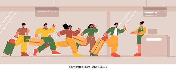 People running at airport, worried men and women tourists run for registration desk, show tickets. Characters hurry to plane boarding. Travelers missing or transit flight, Line art vector illustration