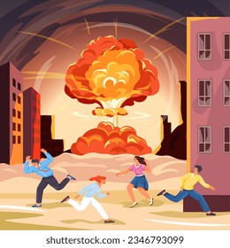 Menschen laufen Explosion weg. Schreckliche Frau Mann laufen vor der Feuerbombe, entkommen Gräuel Krieg Straße Wohnhäuser bombardiert Gebäude, Terrorismus Konzept vor kurzem Vektorgrafik des Laufens vor Gefahr