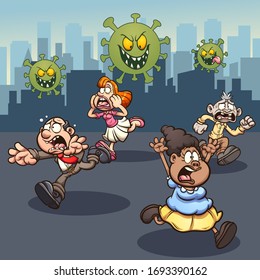 People running away in panic from corona virus. Vector cartoon clip art illustration with simple gradients. Some elements on separate layers.
