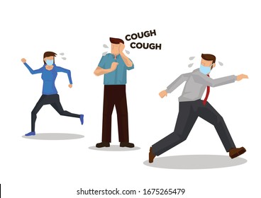 People Running Away When Someone Who Is Coughing. Concept Of Coronavirus Outbreak Or Pandemic. Vector Illustration.