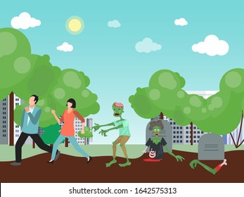 People running away from the zombie who is chasing background with old cemetery. Death corpse chases scary people. Halloween concept, horror, night and panic