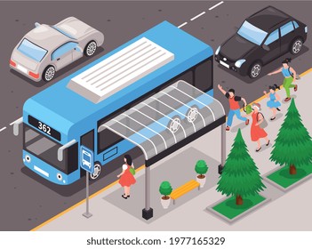 People running for bus background with bus stop and hurry symbols isometric vector illustration