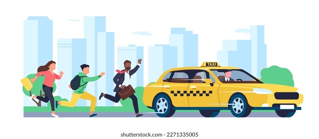 Gente corriendo por el taxi con prisa. Hombres y mujeres corriendo. Automóvil amarillo. Tráfico urbano. Servicio de taxi. Parada del vehículo. Conductor y pasajeros. Personas que se encuentran en una situación de retraso