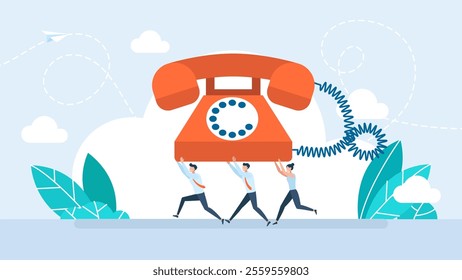 People are running and carrying an old phone. Urgent conversation. People rushing, run fast, go forward. Anxious characters quick meet deadlines. Business race. Vector illustration