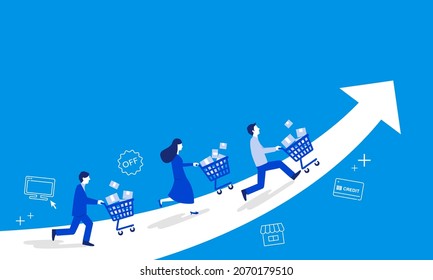 People running with cart,e-commerce concept image,blue background,vector,copy space