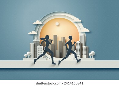 People Running In The City. Running for health in nature with cityscape background. Marathon or Trail running sport activity. Paper art vector illustration.