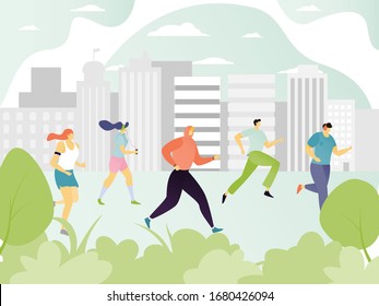 People running in city, jogging men and women cartoon characters, sport marathon vector illustration. Healthy active lifestyle, outdoor fitness exercise. Urban recreation concept, cardio workout