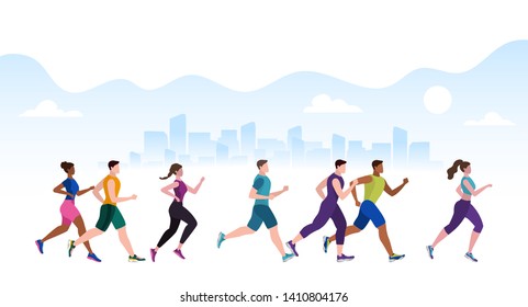 People running. City run marathon. Running men and women. Vector