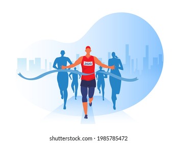 People running with clothes on marathon race, athletics event, sports group jogging, city background design vector 