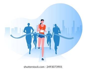 People running with clothes on marathon race, athletics event, sports group jogging, city background design vector 