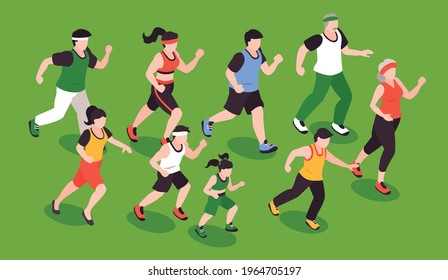 People running concept with fitness jogging symbols isometric vector illustration