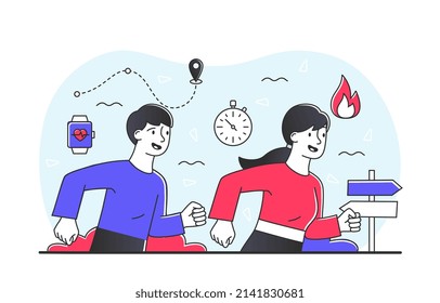People running concept. Man and girl run on street, marathon and preparation for competition. Cardio training and active lifestyle. Modern gadgets for checking pulse. Cartoon flat vector illustration