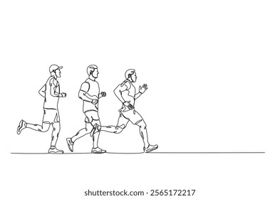 People running in continuous one line drawing. Single line art draw of runners illustration. Editable vector.