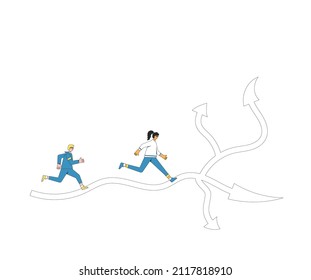People running at crossroads. Vector illustration in line art style.
