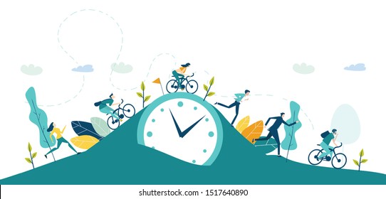 People running and cycling  for the dear, for the work, for the health, care and success, Busy modern life concept illustration.