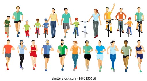 People running and cycling while doing sports