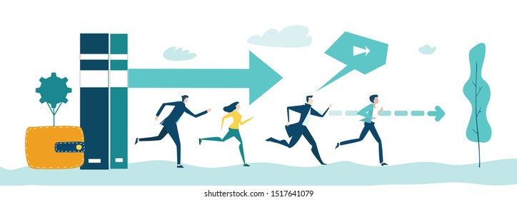 People running and cycling to work. Busy modern life concept illustration
