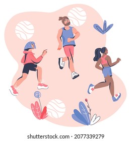 People running at decorative backdrop, flat vector illustration isolated on white background. Marathon and sport competition, speed run race and morning jogging concept.