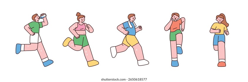 People running and exercising, showing various actions like drinking water and wiping sweat.