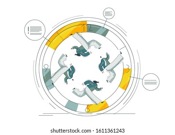 People are running fast in circles. Busy men and women make schedule. Workers work non-stop. Clock reminds about deadline. Yellow and blue colored illustration isolated on white. Linear vector EPS 10