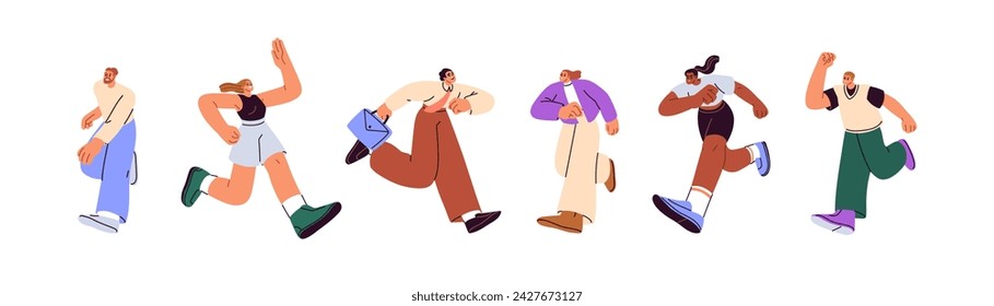 People running fast, rushing, hurrying set. Worried hectic characters late, in panic about urgent business. Anxious active busy men, women. Flat vector illustrations isolated on white background