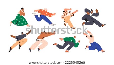 People running fast set. Happy active characters rushing forward, aspiring. Excited determined men, women hurrying on urgent businesses. Flat graphic vector illustrations isolated on white background
