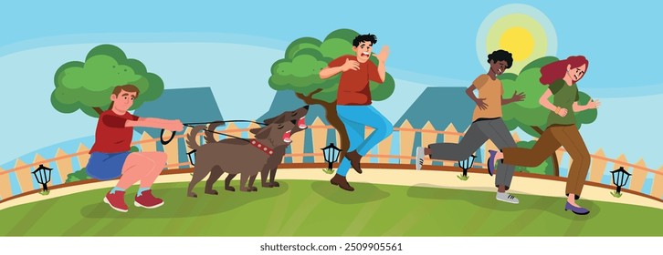 Personas corriendo con miedo a los perros feroces, el hombre trata de sujetar a los perros, atacar. Ilustración vectorial.